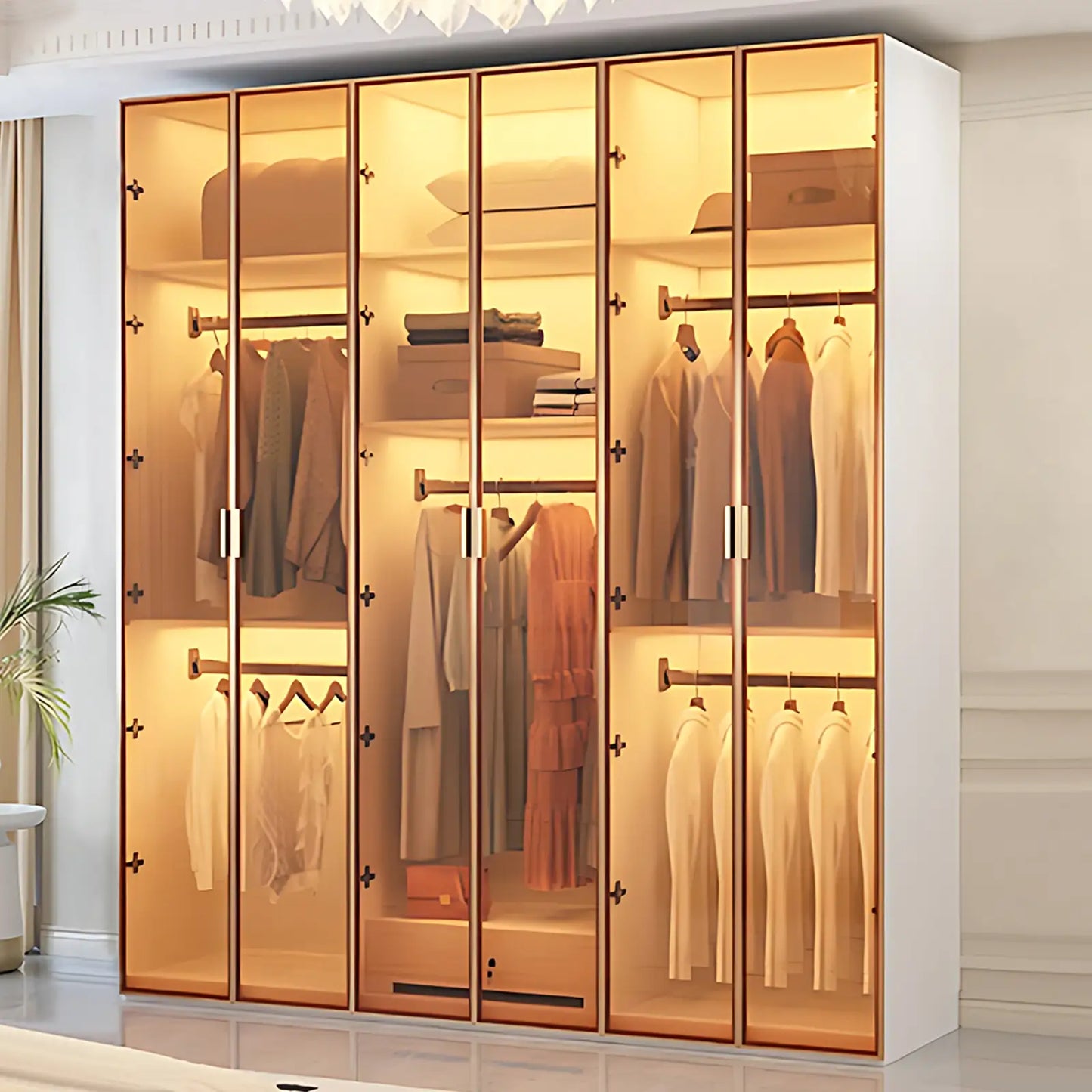 Aihm-Lon Wardrobe with Transparent Glass Doors and Divided Storage Compartments 75"-95"