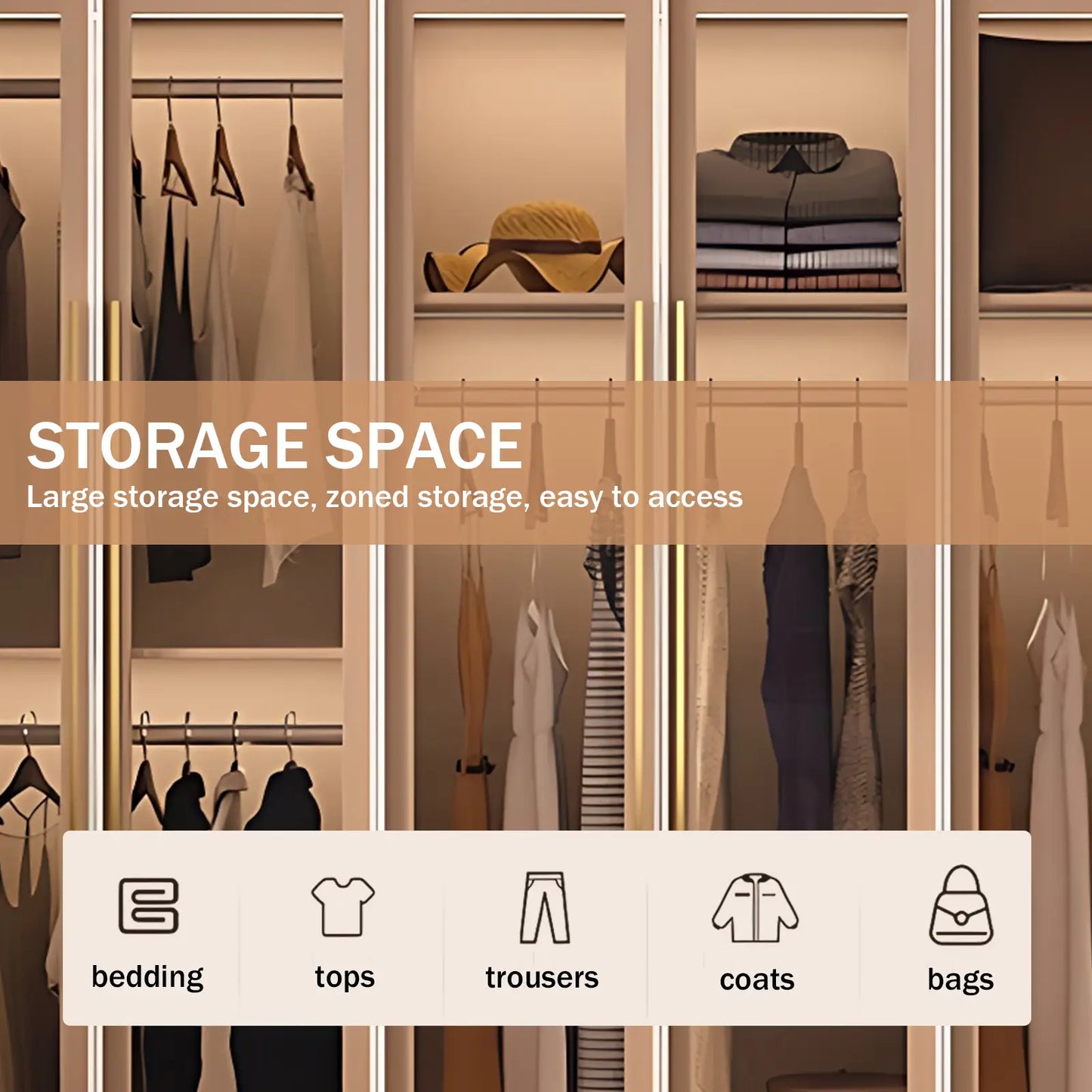 Aihm-Lon Wardrobe with Storage Design Metal Handle and Intelligent Lighting 63"-94"