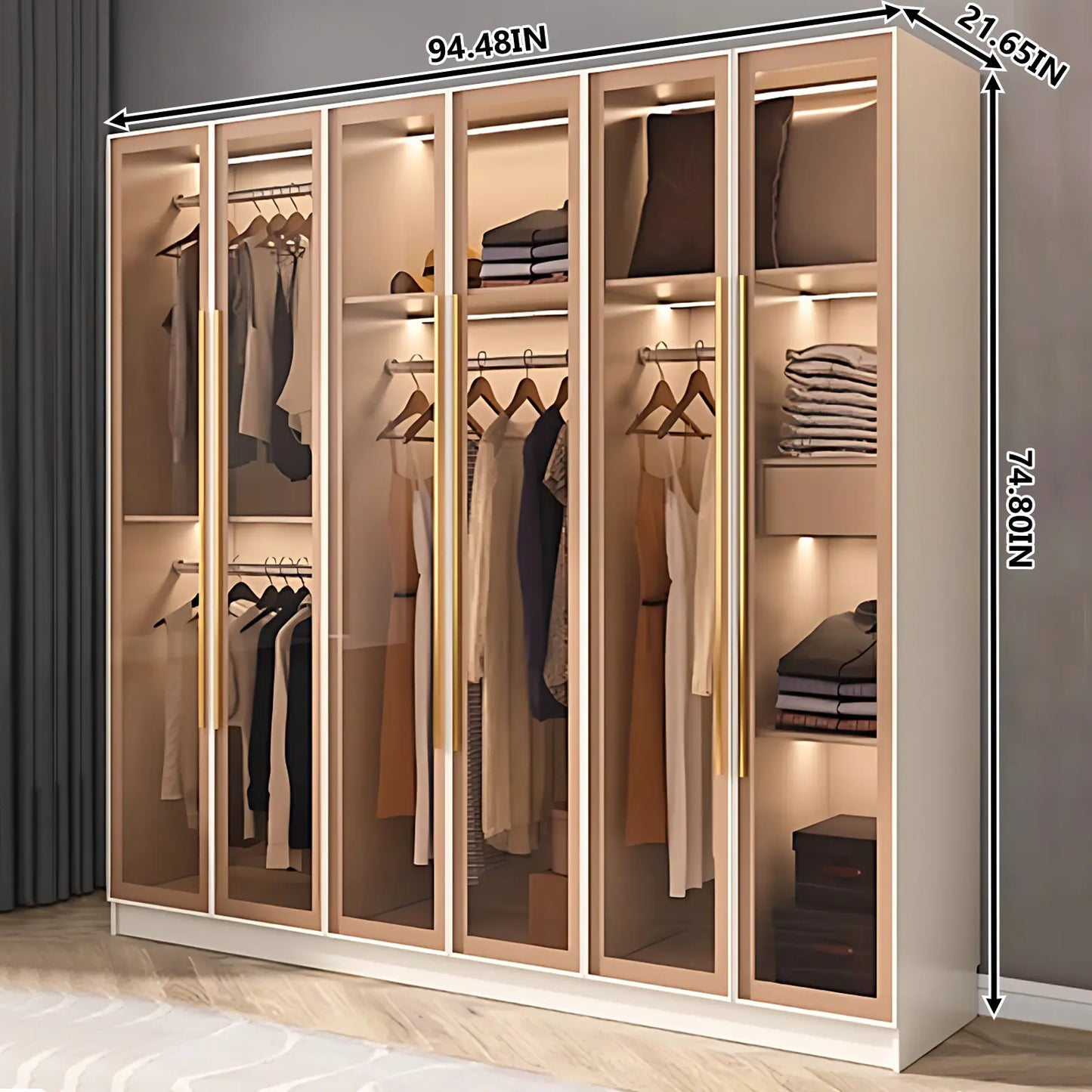 Aihm-Lon Wardrobe with Storage Design Metal Handle and Intelligent Lighting 63"-94"