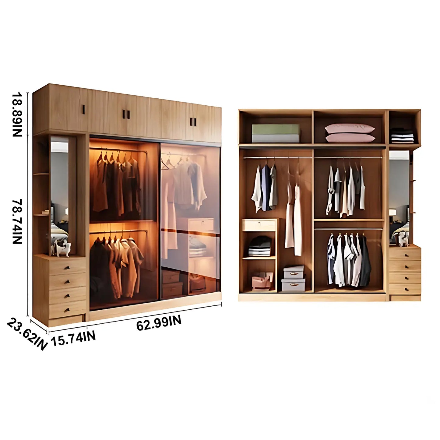 Aihm-Lon Wooden Wardrobe with Sideboard and Top Cabinet 55"-94"