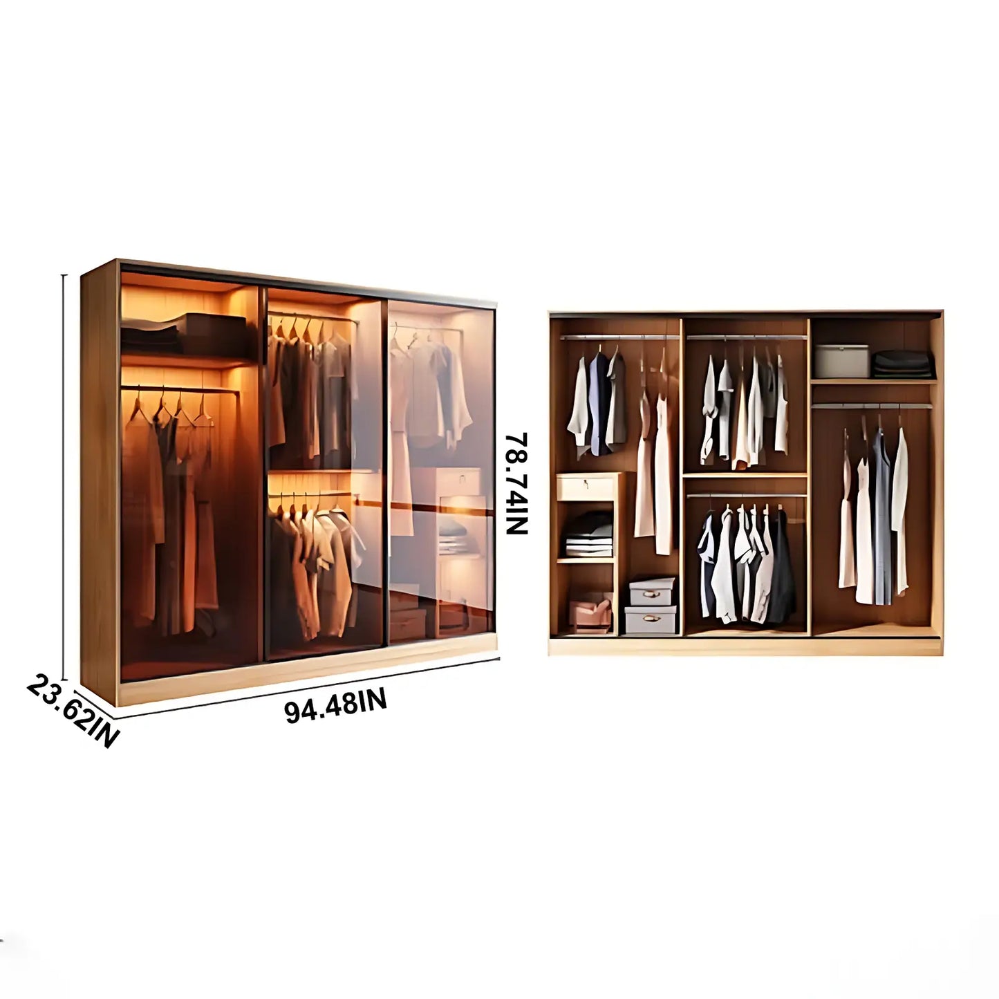 Aihm-Lon Wooden Wardrobe with Sideboard and Top Cabinet 55"-94"