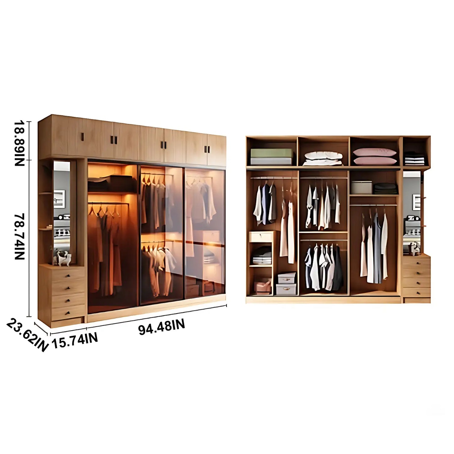 Aihm-Lon Wooden Wardrobe with Sideboard and Top Cabinet 55"-94"