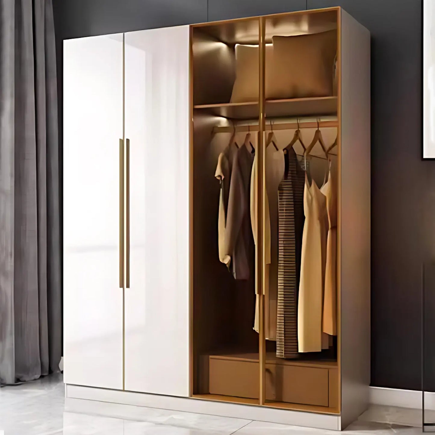 Aihm-Lon Wardrobe with Glass Door Drawers Shelves and Light 63"-95"