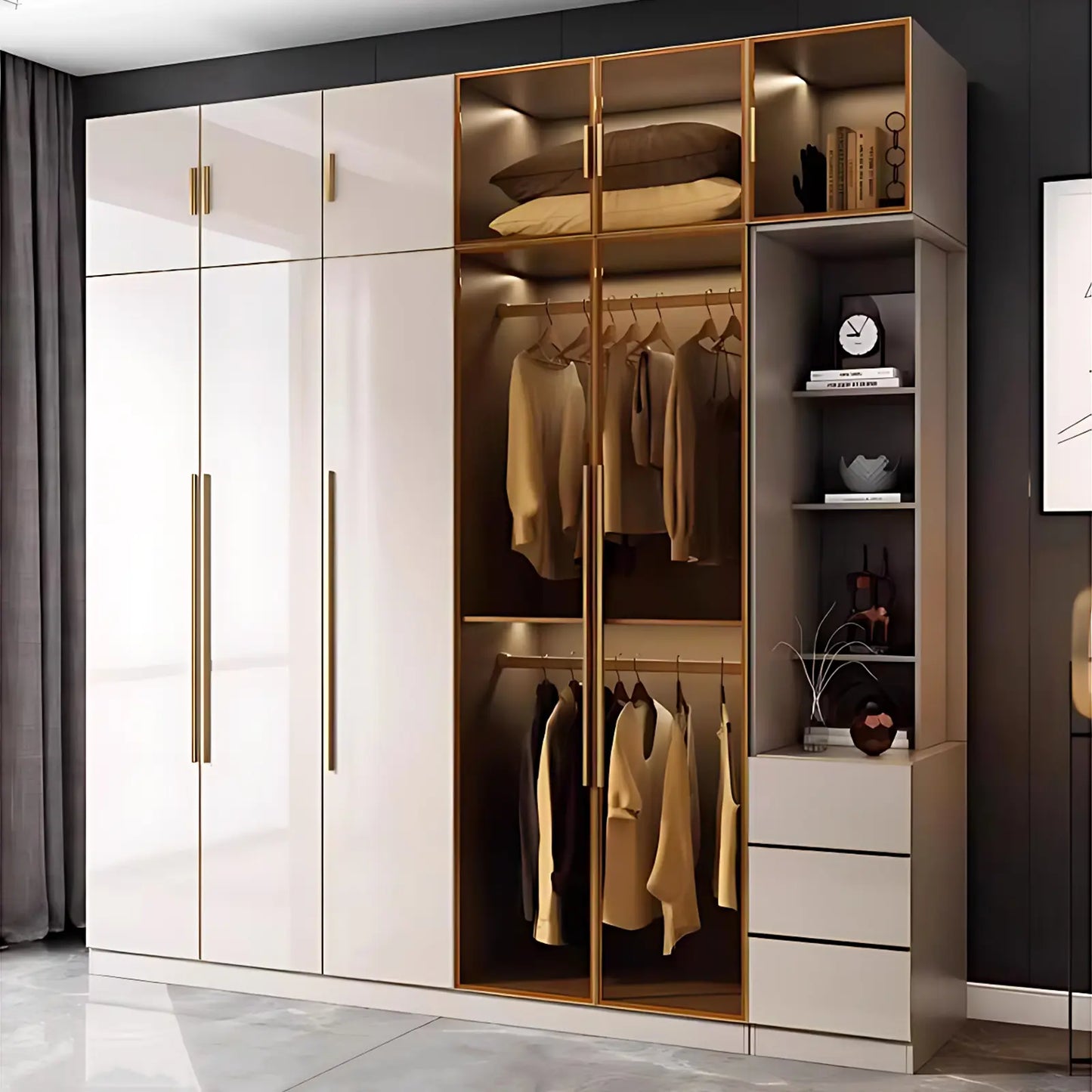 Aihm-Lon Wardrobe with Glass Door Drawers Shelves and Light 63"-95"