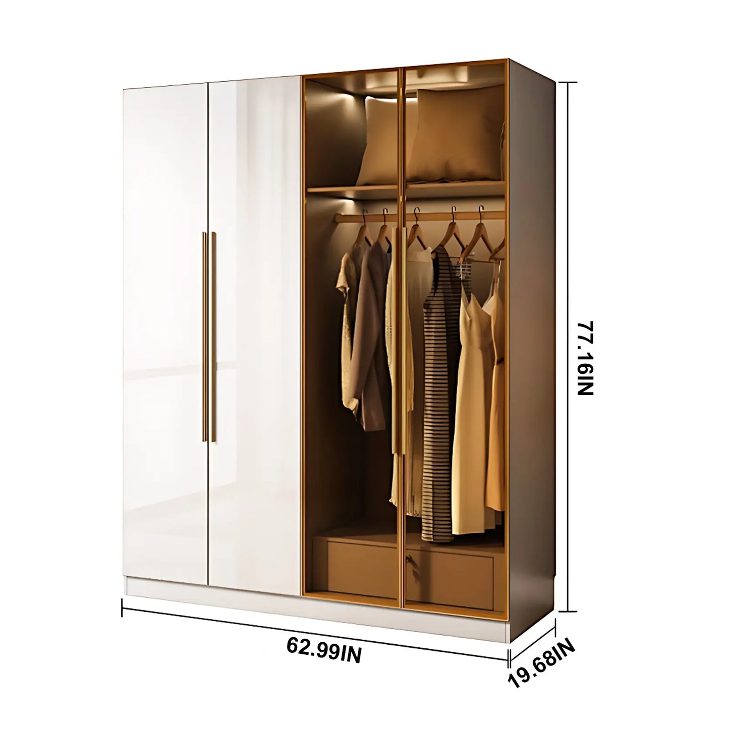 Aihm-Lon Wardrobe with Glass Door Drawers Shelves and Light 63"-95"