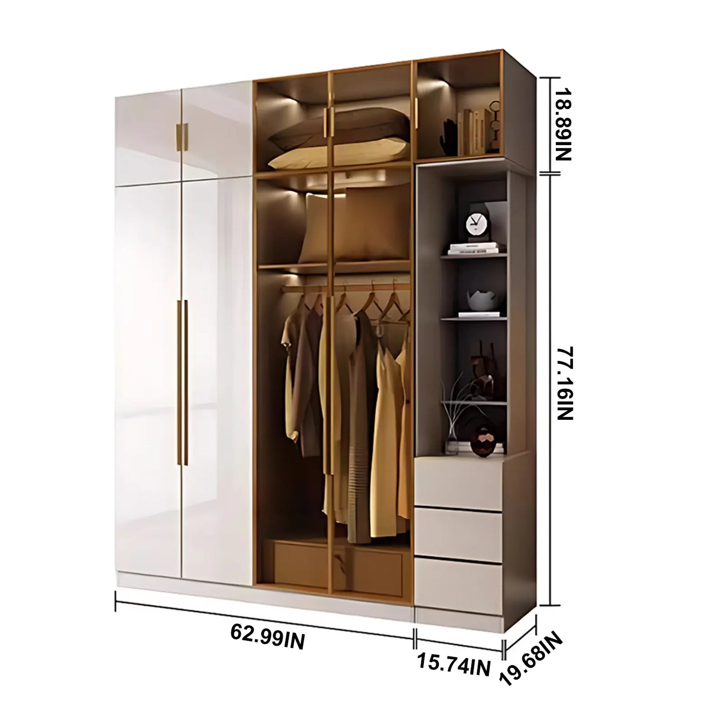 Aihm-Lon Wardrobe with Glass Door Drawers Shelves and Light 63"-95"