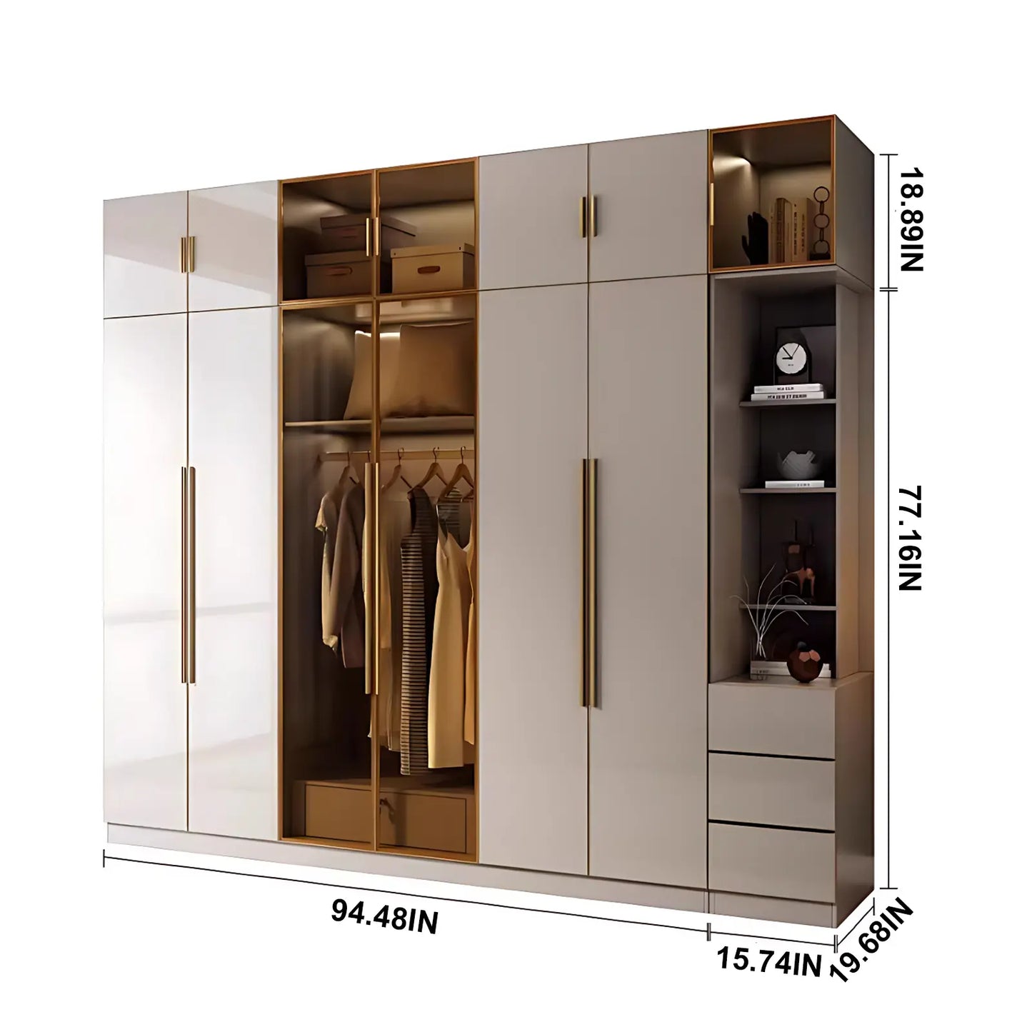 Aihm-Lon Wardrobe with Glass Door Drawers Shelves and Light 63"-95"