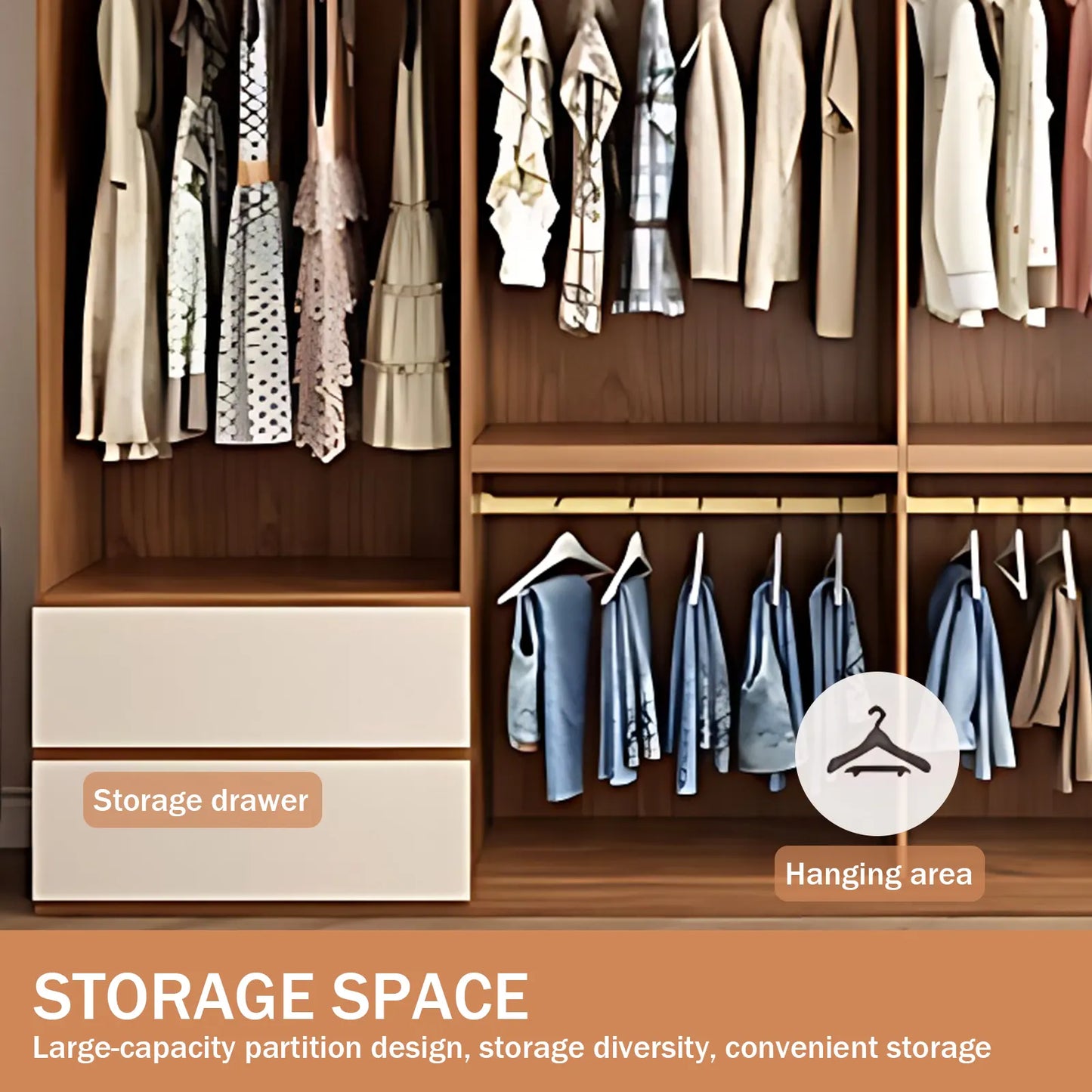 Aihm-Lon Wooden Wardrobe with Multiple Storage Spaces 63"-94"