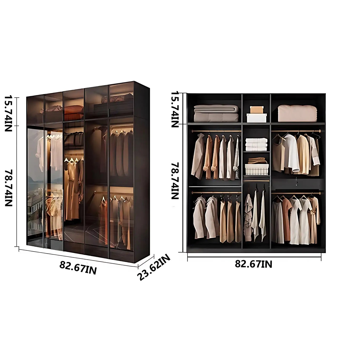 Aihm-Lon Wardrobe with Transparent Glass Doors and Sensor Light 63"-94"