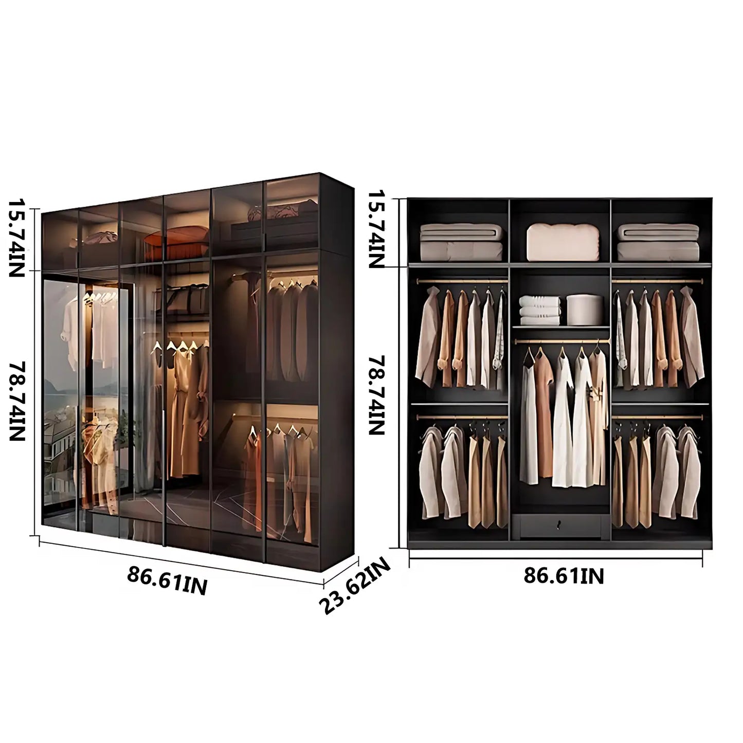 Aihm-Lon Wardrobe with Transparent Glass Doors and Sensor Light 63"-94"