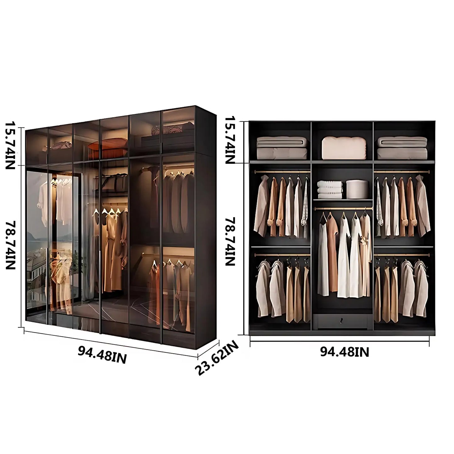 Aihm-Lon Wardrobe with Transparent Glass Doors and Sensor Light 63"-94"
