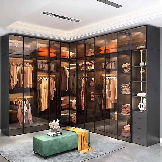 Aihm-Lon Wardrobe with Transparent Glass Doors and Sensor Light 63"-94"