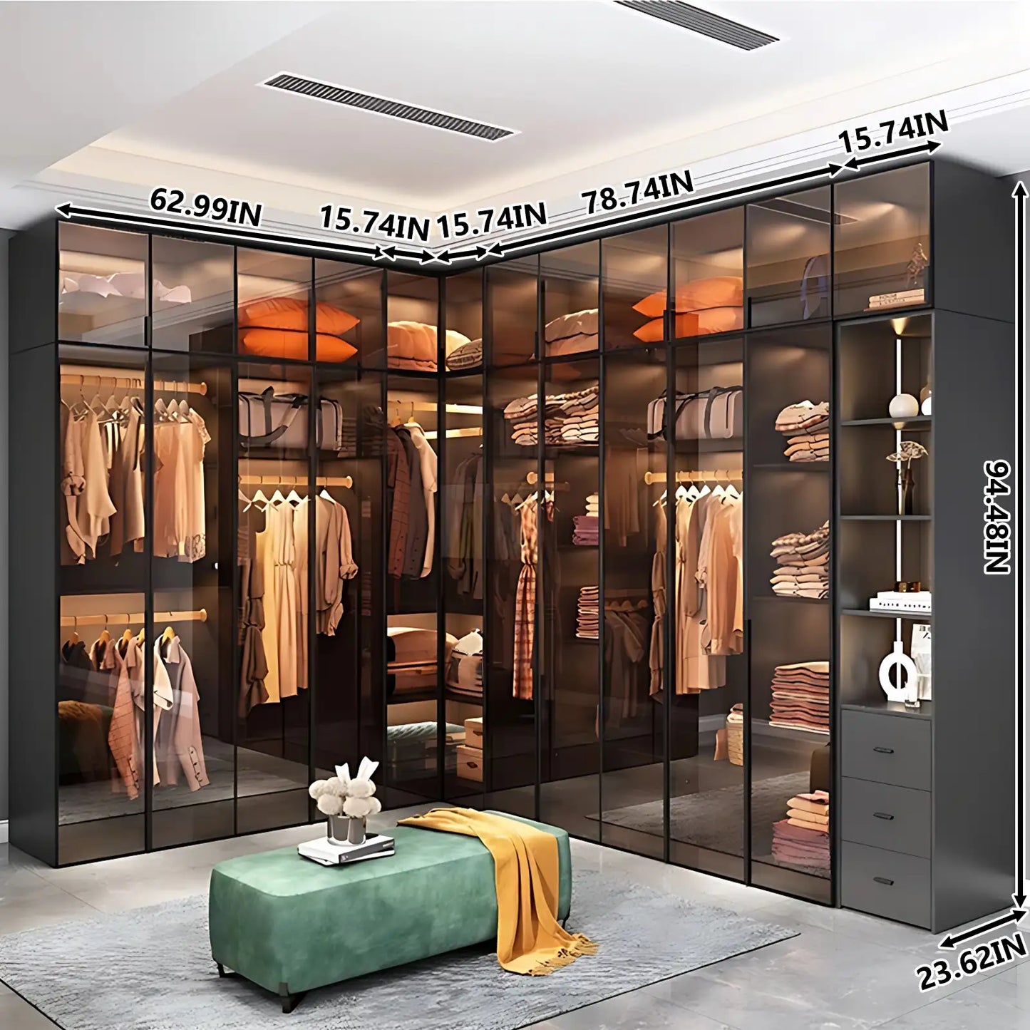Aihm-Lon Wardrobe with Transparent Glass Doors and Sensor Light 63"-94"