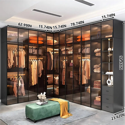 Aihm-Lon Wardrobe with Transparent Glass Doors and Sensor Light 63"-94"