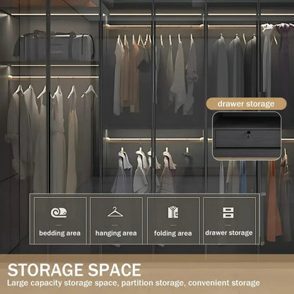 Aihm-Lon Wardrobe with Transparent Panels and Convenient Auto LED Lighting 24"-94"