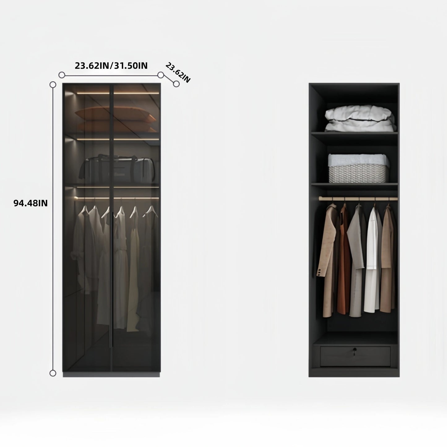 Aihm-Lon Wardrobe with Transparent Panels and Convenient Auto LED Lighting 24"-94"