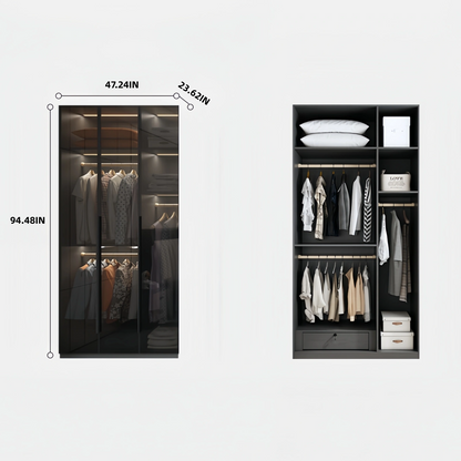 Aihm-Lon Wardrobe with Transparent Panels and Convenient Auto LED Lighting 24"-94"