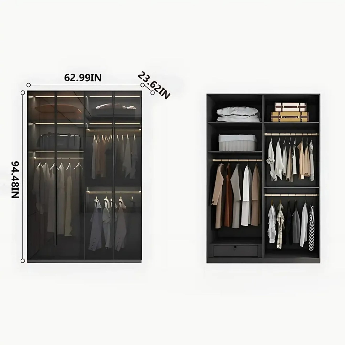 Aihm-Lon Wardrobe with Transparent Panels and Convenient Auto LED Lighting 24"-94"