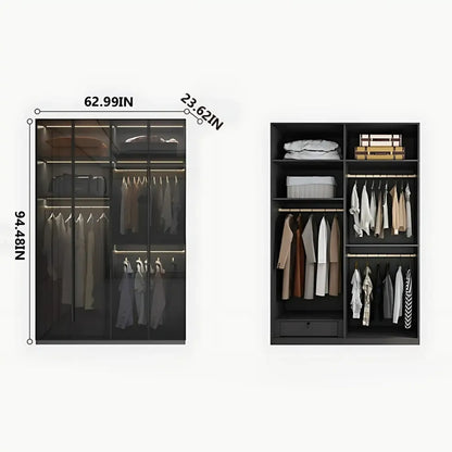 Aihm-Lon Wardrobe with Transparent Panels and Convenient Auto LED Lighting 24"-94"