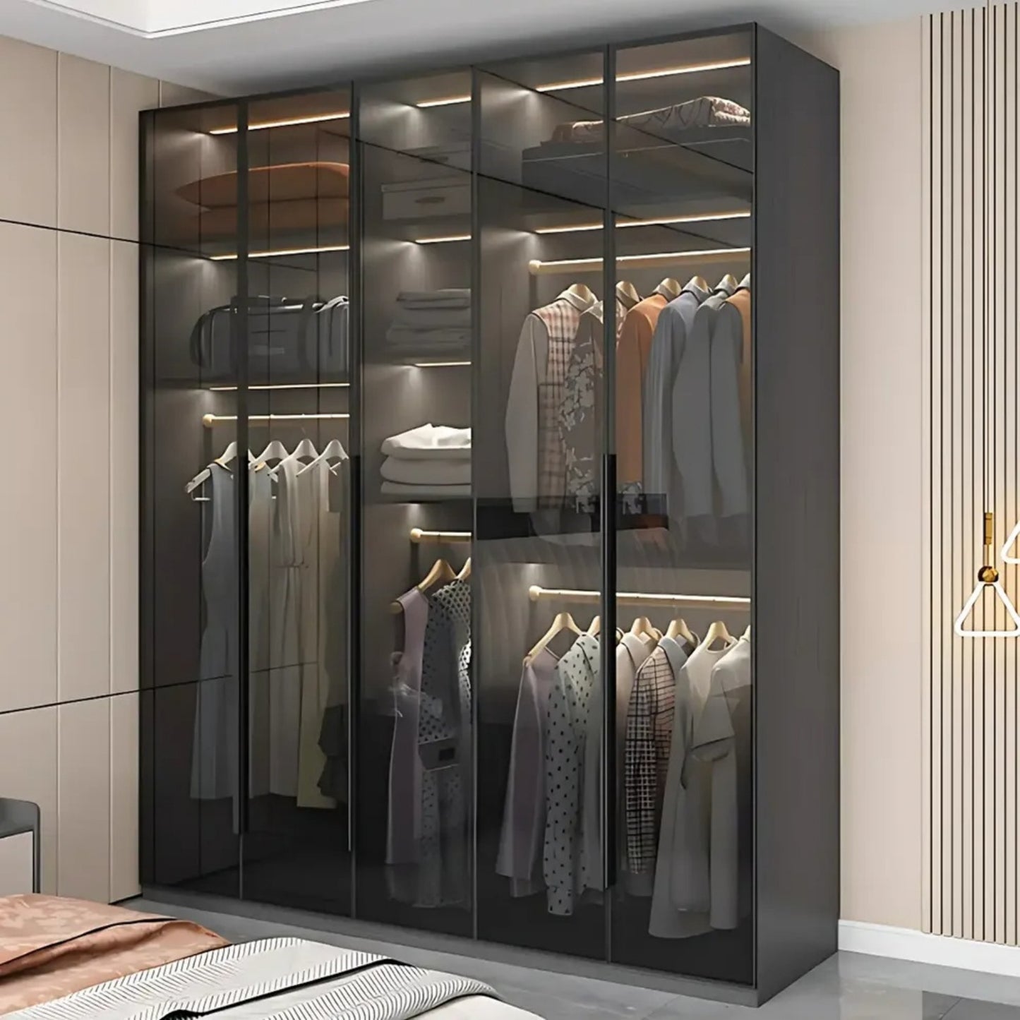 Aihm-Lon Wardrobe with Transparent Panels and Convenient Auto LED Lighting 24"-94"
