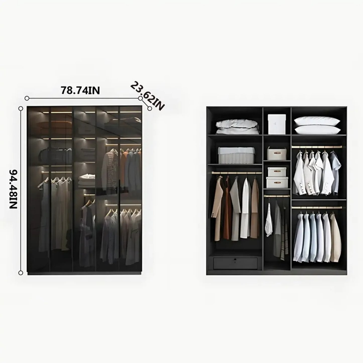 Aihm-Lon Wardrobe with Transparent Panels and Convenient Auto LED Lighting 24"-94"