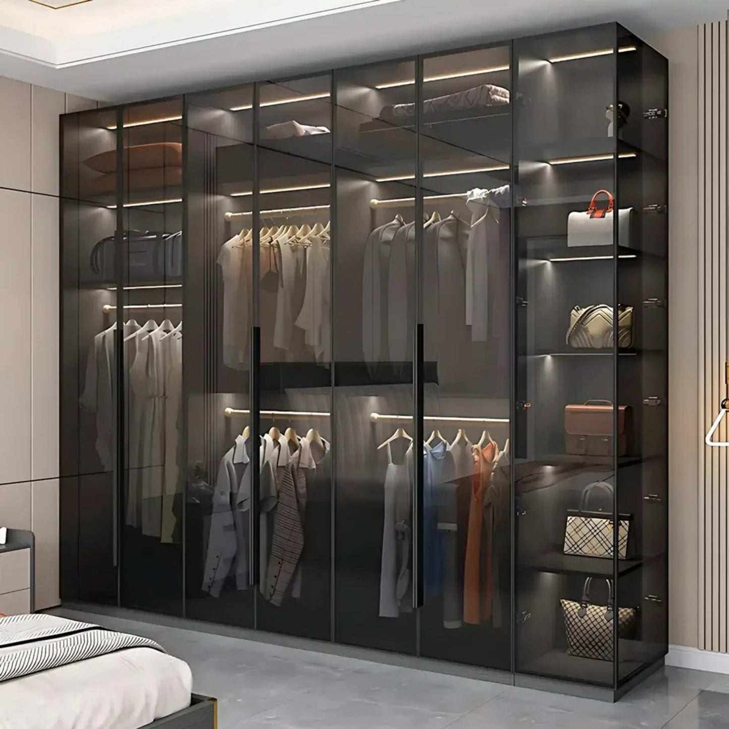 Aihm-Lon Wardrobe with Transparent Panels and Convenient Auto LED Lighting 24"-94"