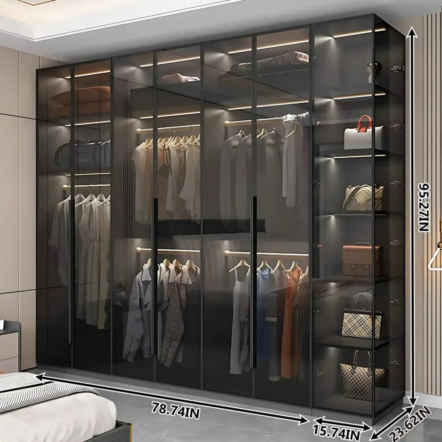 Aihm-Lon Wardrobe with Transparent Panels and Convenient Auto LED Lighting 24"-94"