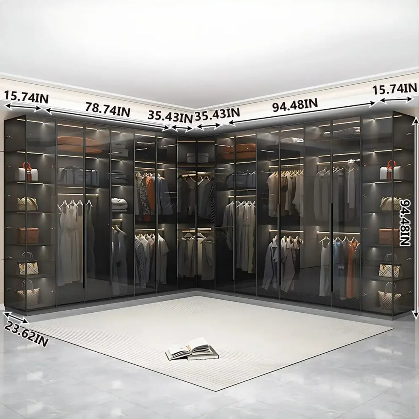 Aihm-Lon Wardrobe with Transparent Panels and Convenient Auto LED Lighting 24"-94"