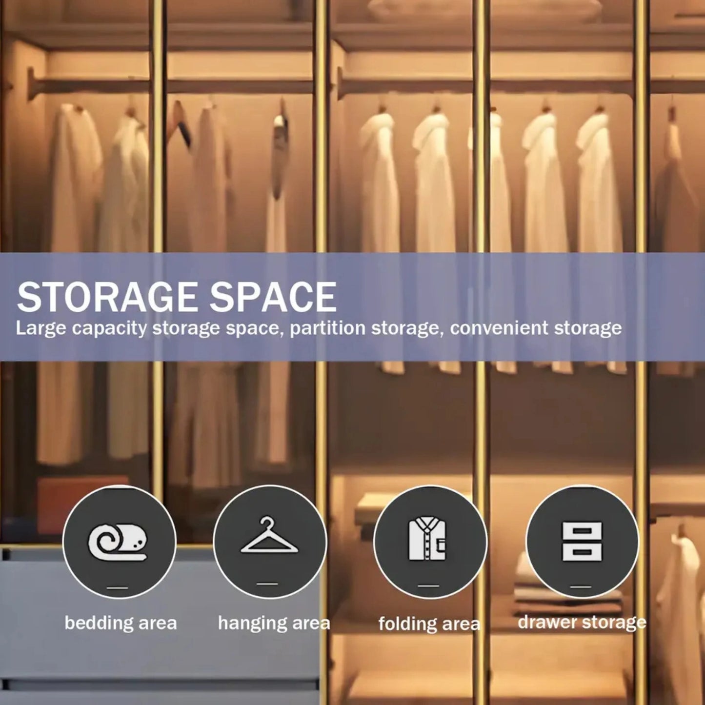 Aihm-Lon Wardrobe with Golden Luxury Door Frame and Glass Design 63"-94"