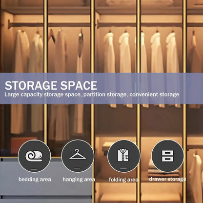 Aihm-Lon Wardrobe with Golden Luxury Door Frame and Glass Design 63"-94"