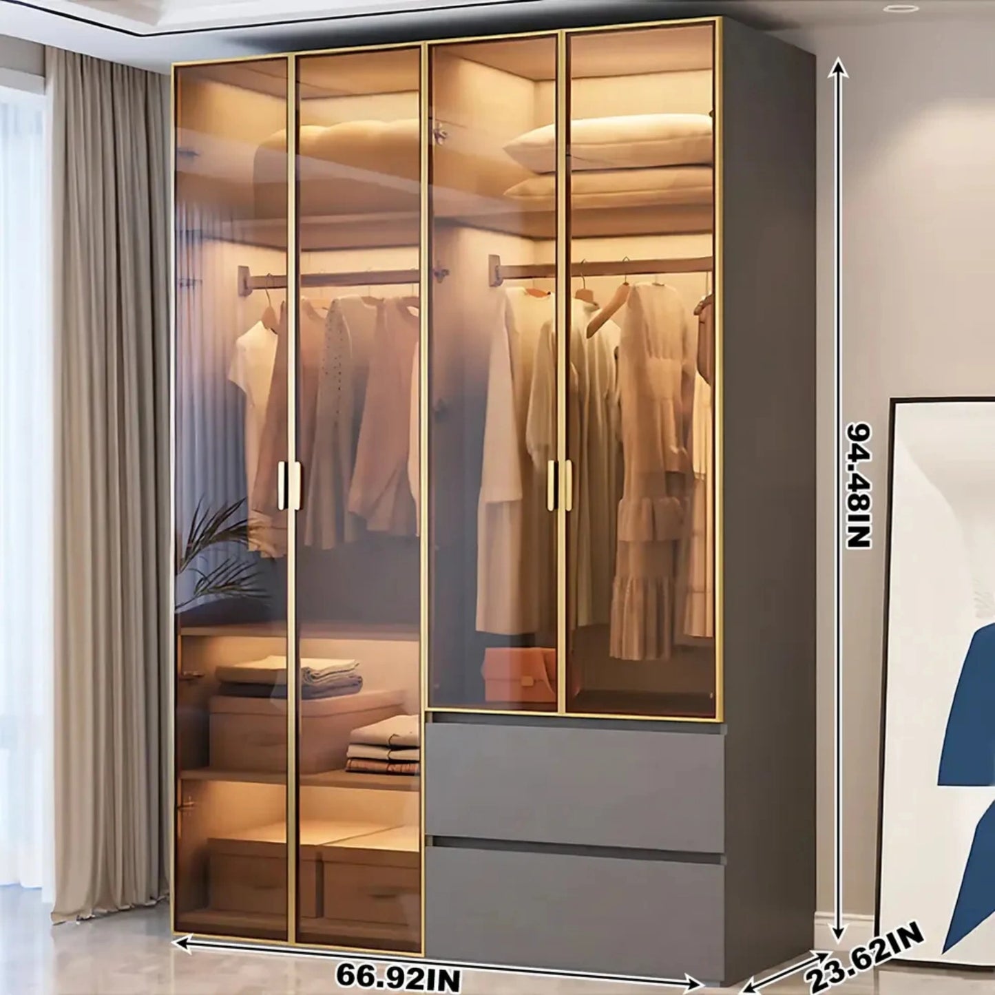 Aihm-Lon Wardrobe with Golden Luxury Door Frame and Glass Design 63"-94"
