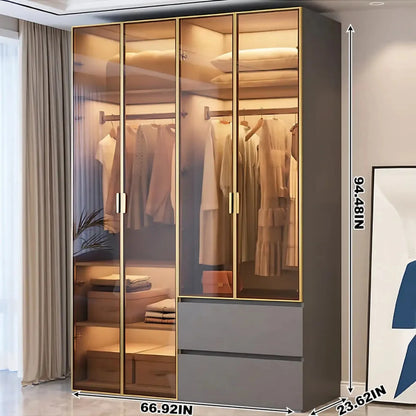 Aihm-Lon Wardrobe with Golden Luxury Door Frame and Glass Design 63"-94"