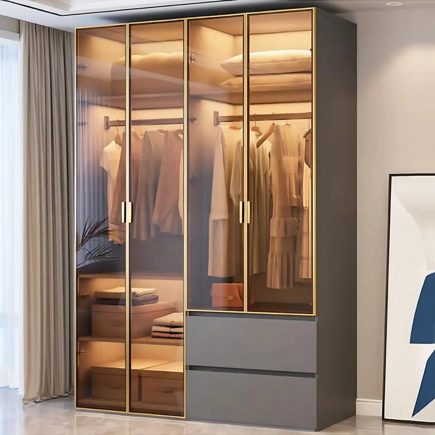 Aihm-Lon Wardrobe with Golden Luxury Door Frame and Glass Design 63"-94"
