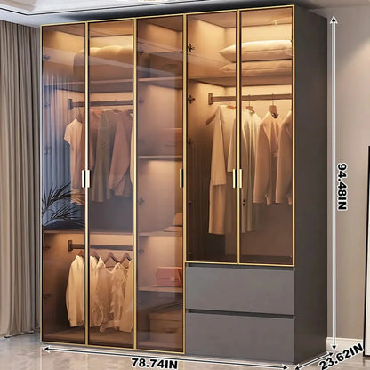 Aihm-Lon Wardrobe with Golden Luxury Door Frame and Glass Design 63"-94"