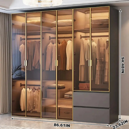Aihm-Lon Wardrobe with Golden Luxury Door Frame and Glass Design 63"-94"