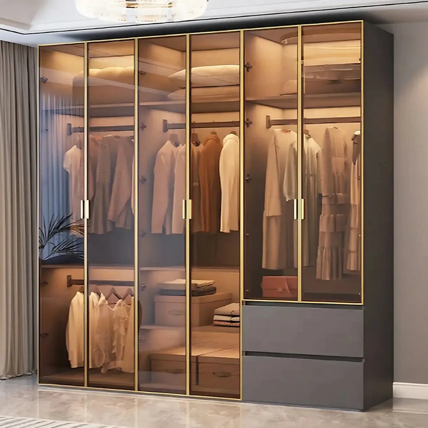 Aihm-Lon Wardrobe with Golden Luxury Door Frame and Glass Design 63"-94"