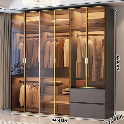 Aihm-Lon Wardrobe with Golden Luxury Door Frame and Glass Design 63"-94"