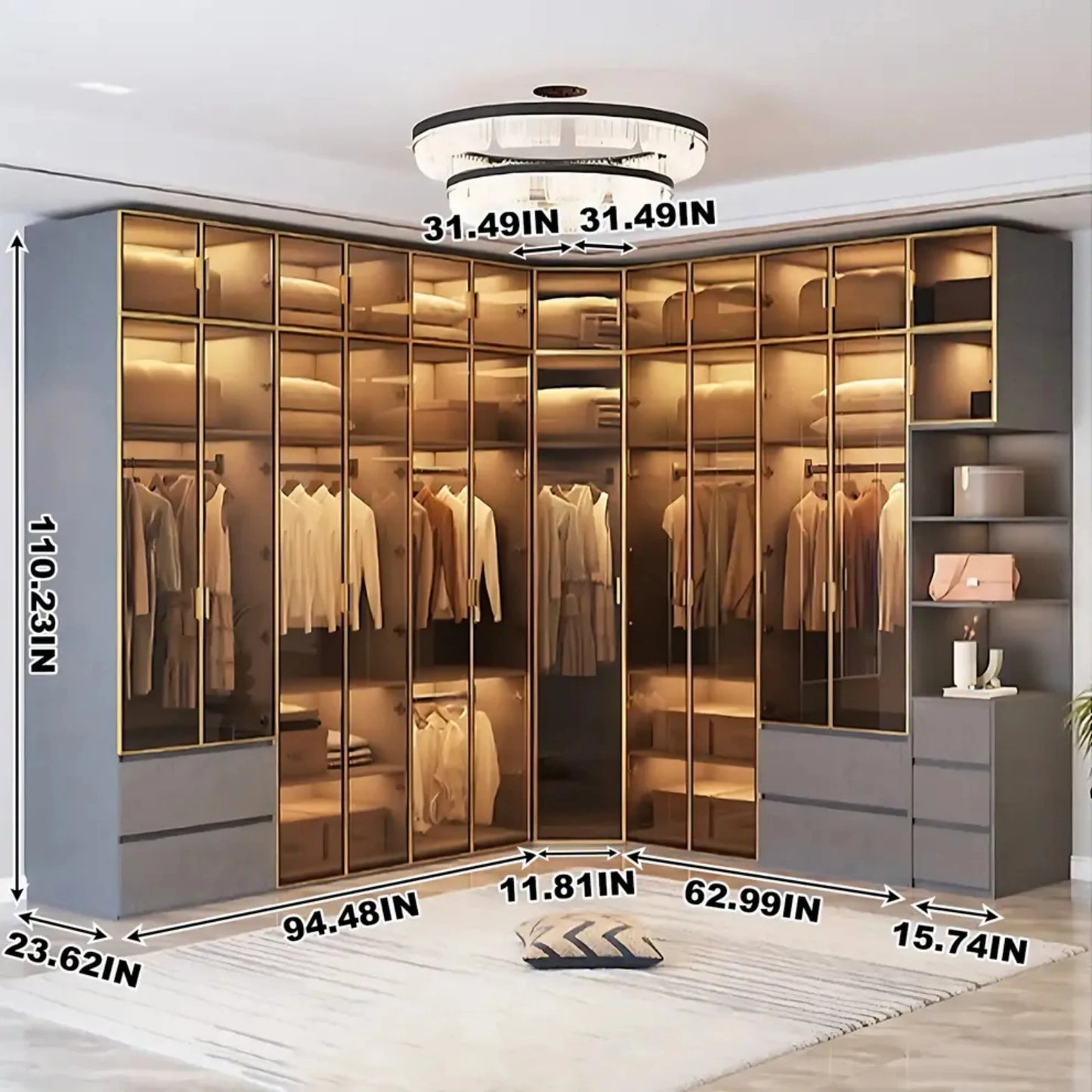 Aihm-Lon Wardrobe with Golden Luxury Door Frame and Glass Design 63"-94"