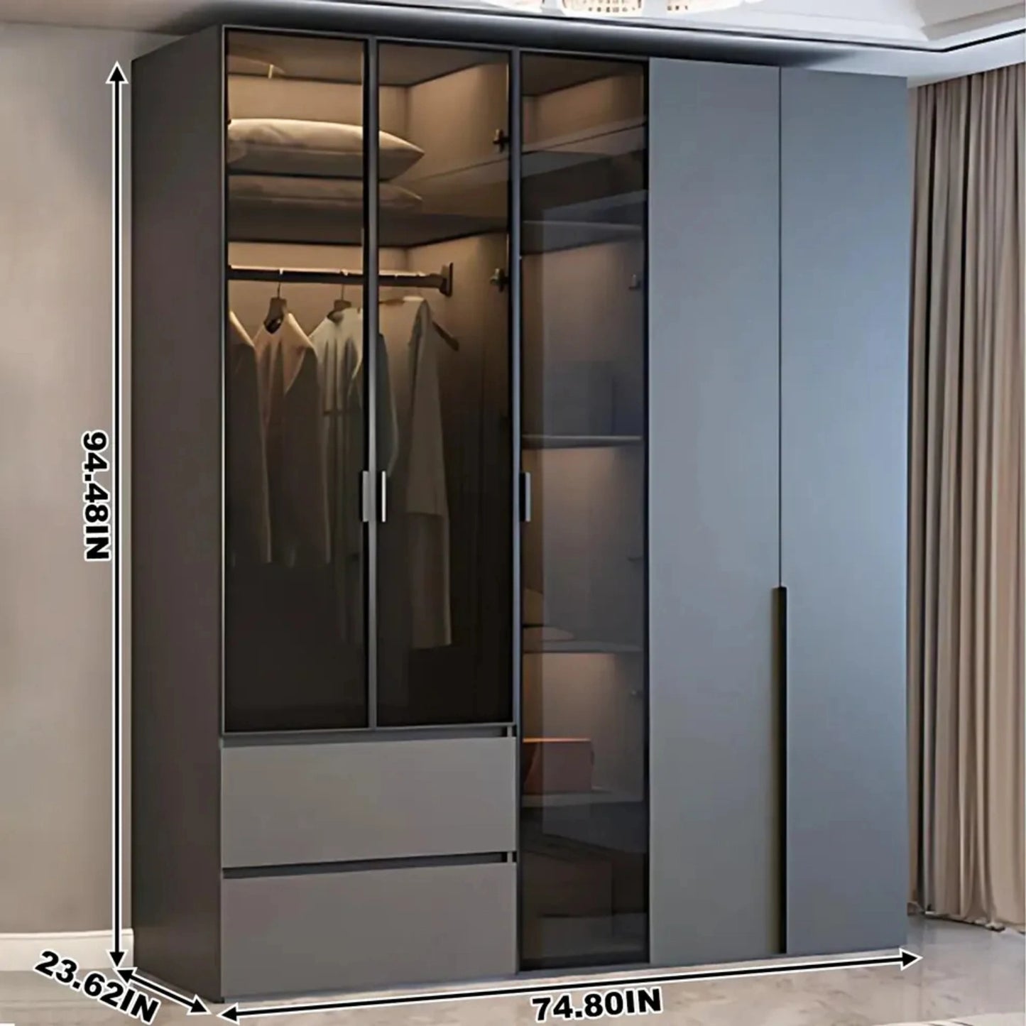 Aihm-Lon Wardrobe with Semi-Visible and Semi-Enclosed Storage Function 75"-95"