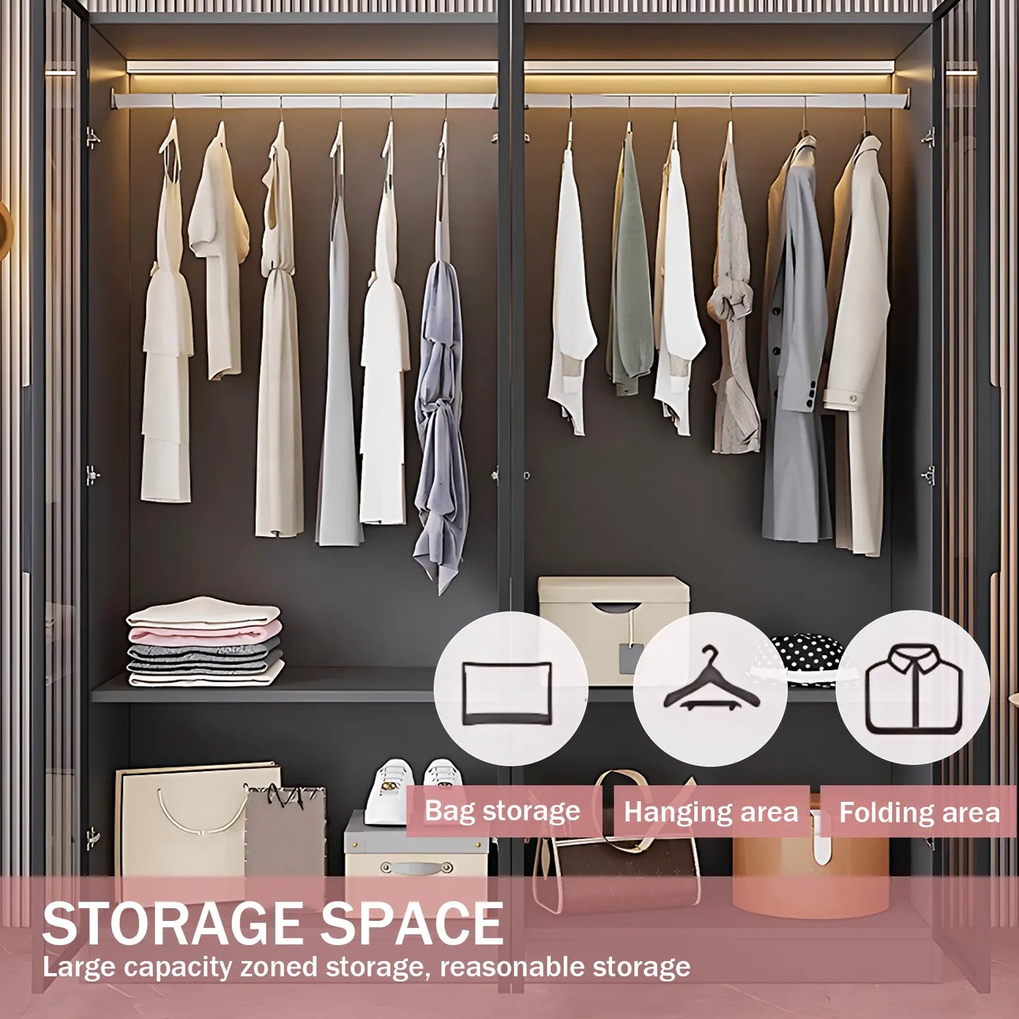 Aihm-Lon Wardrobes with Black Glass Door Design Storage Shelves  55"-94"
