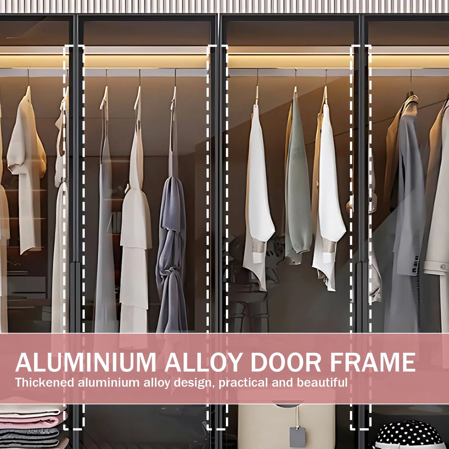 Aihm-Lon Wardrobes with Black Glass Door Design Storage Shelves  55"-94"