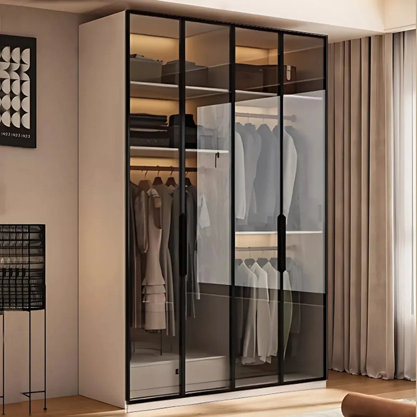 Aihm-Lon Wardrobe with Beige Frame Design Semi-Occult Effect 24"-94"