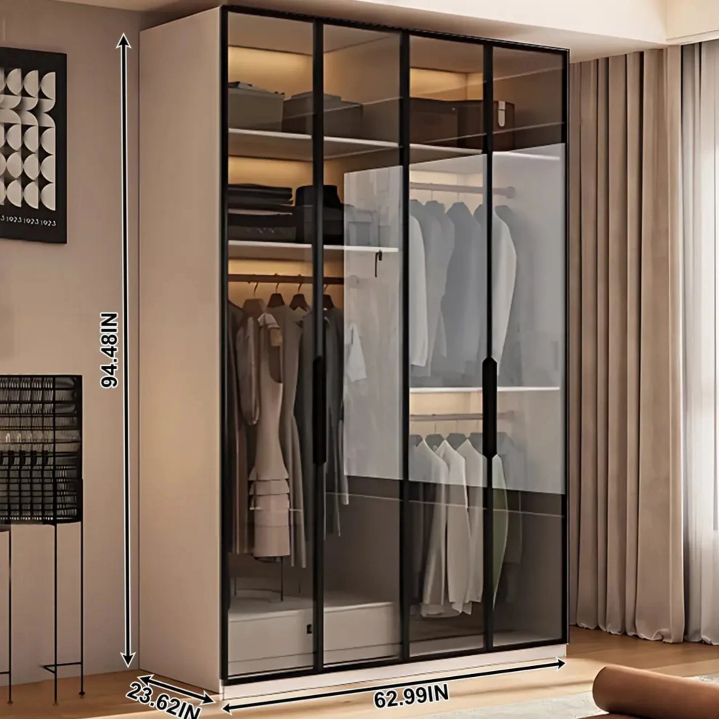 Aihm-Lon Wardrobe with Beige Frame Design Semi-Occult Effect 24"-94"