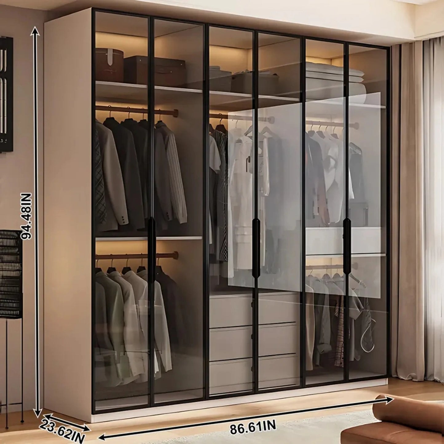 Aihm-Lon Wardrobe with Beige Frame Design Semi-Occult Effect 24"-94"