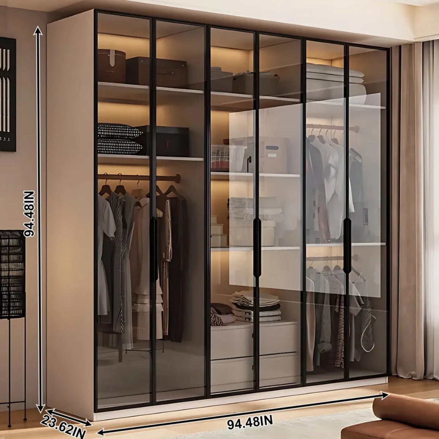 Aihm-Lon Wardrobe with Beige Frame Design Semi-Occult Effect 24"-94"