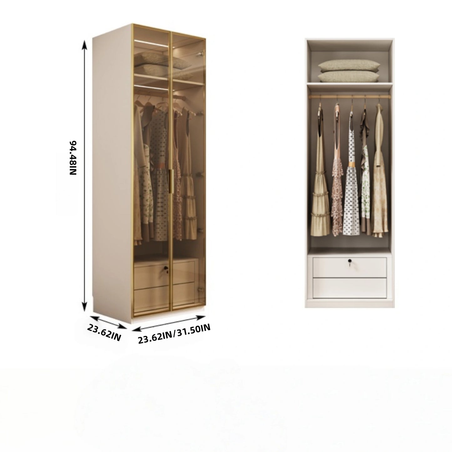 Aihm-Lon Elegant Wardrobe with  LED Lighting and Gold Luxury Frame  24"-94"