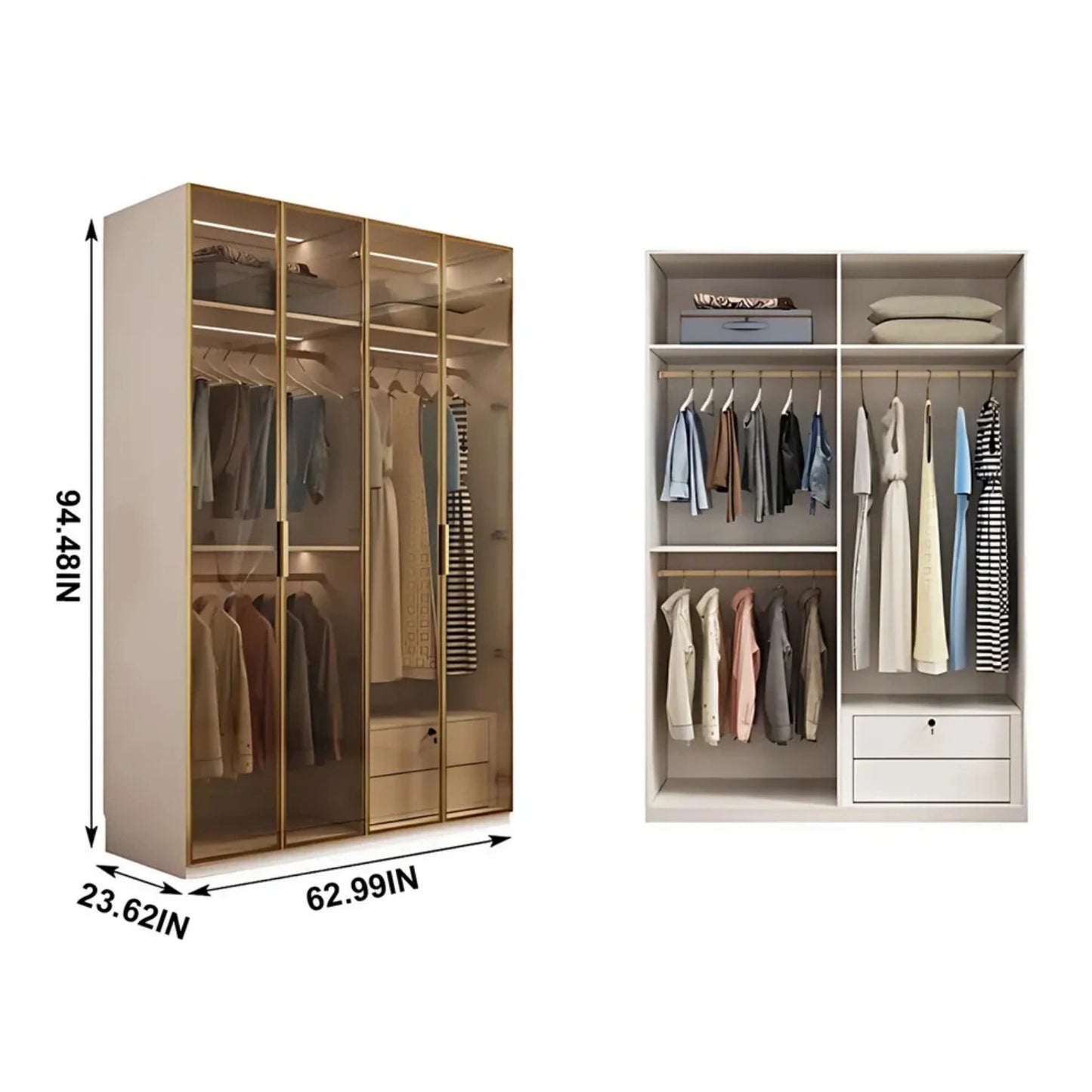 Aihm-Lon Elegant Wardrobe with  LED Lighting and Gold Luxury Frame  24"-94"