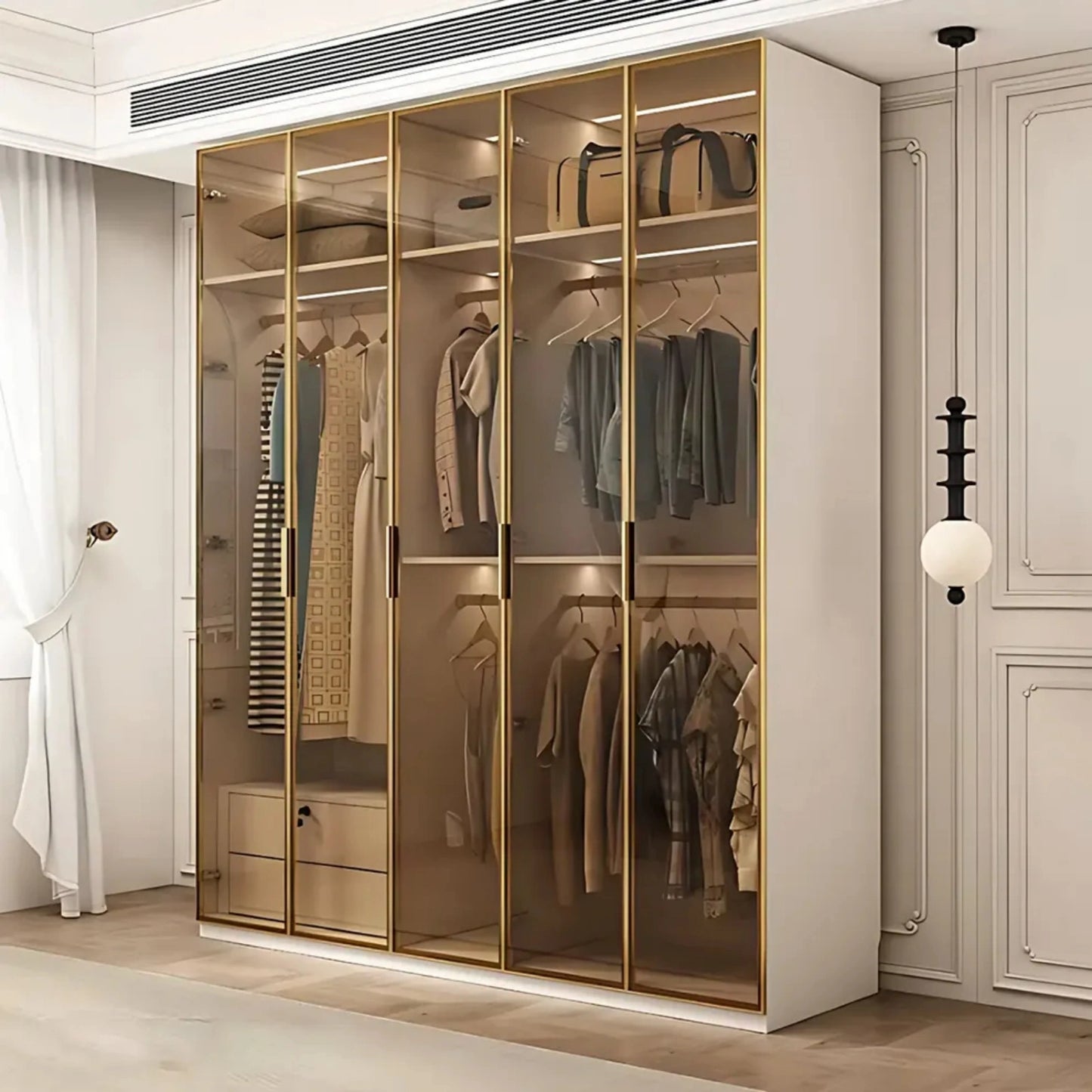 Aihm-Lon Elegant Wardrobe with  LED Lighting and Gold Luxury Frame  24"-94"