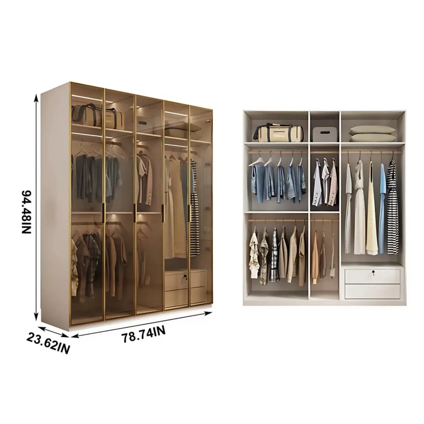 Aihm-Lon Elegant Wardrobe with  LED Lighting and Gold Luxury Frame  24"-94"