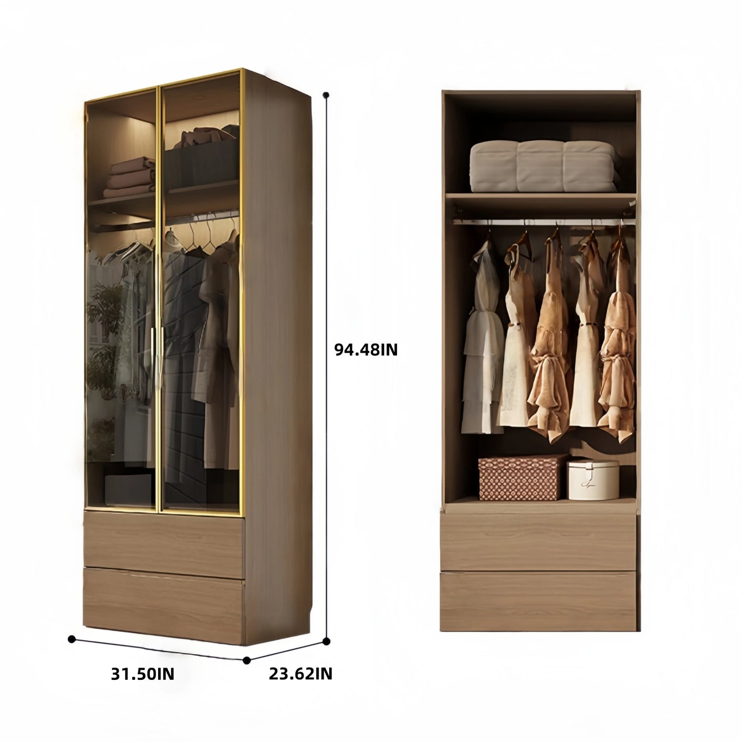 Aihm-Lon Wardrobe withLight Wood Planks and Gold Frame 24"-94"
